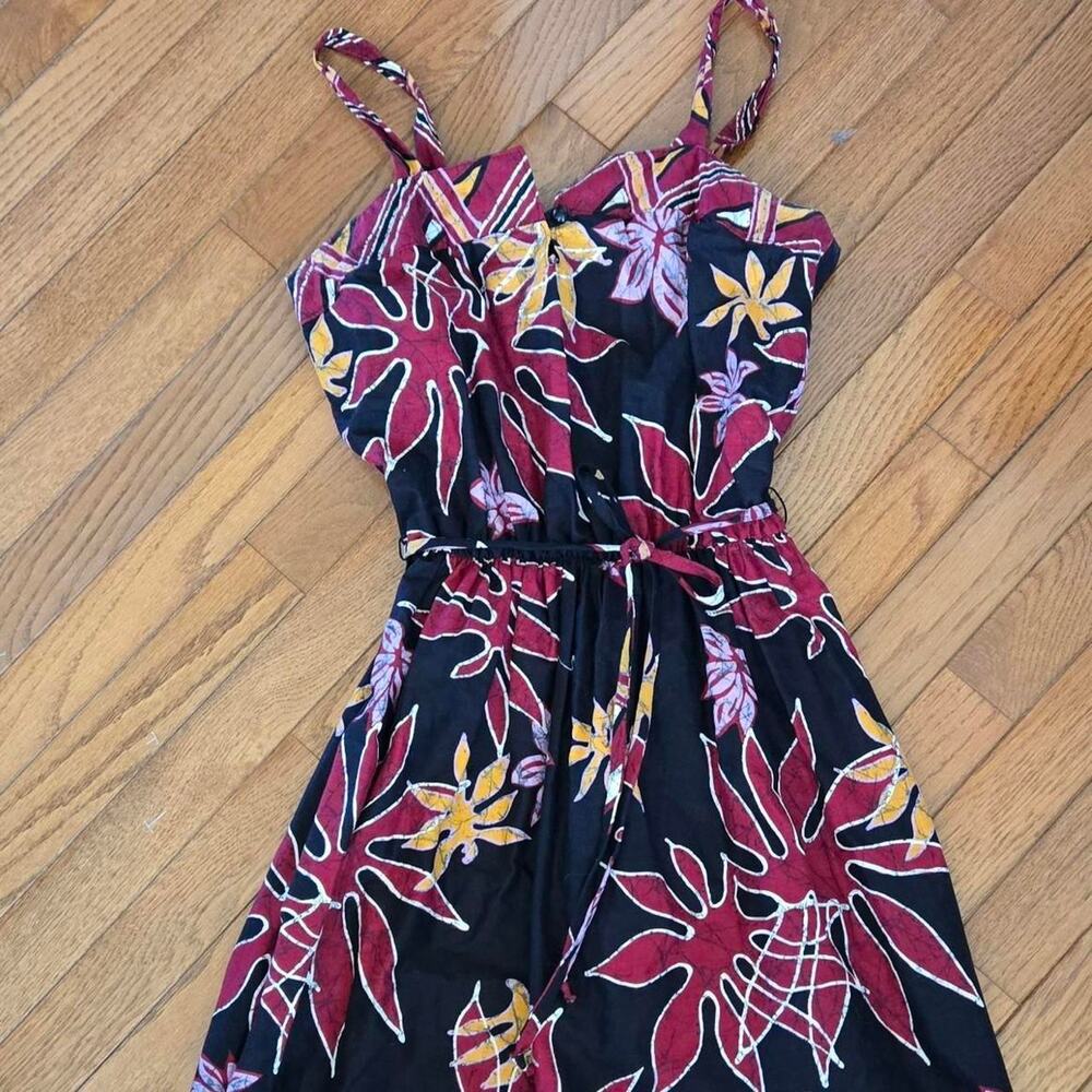 vintage 90s 80s Black, red, yellow floral print dress tie waist sleeveless 9